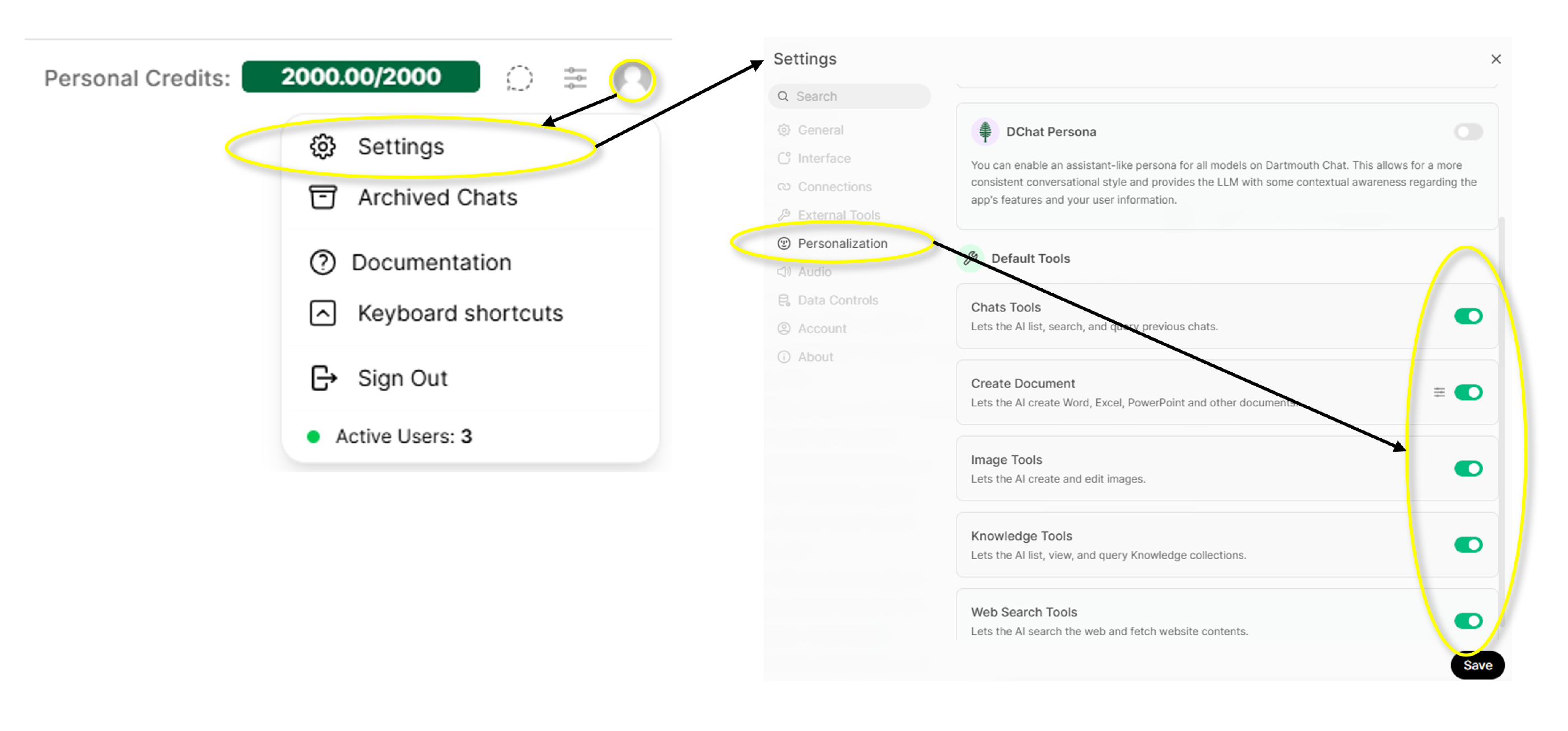 Enabling Tools through Personalization Settings