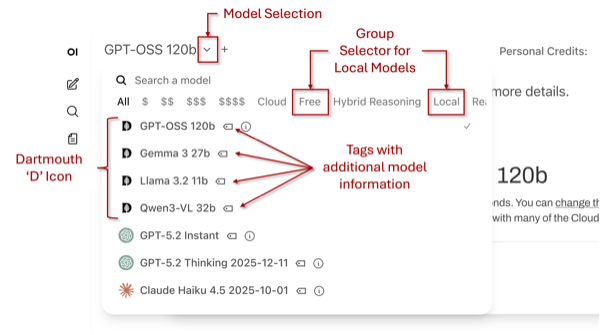 Model selection screen showing local model tags