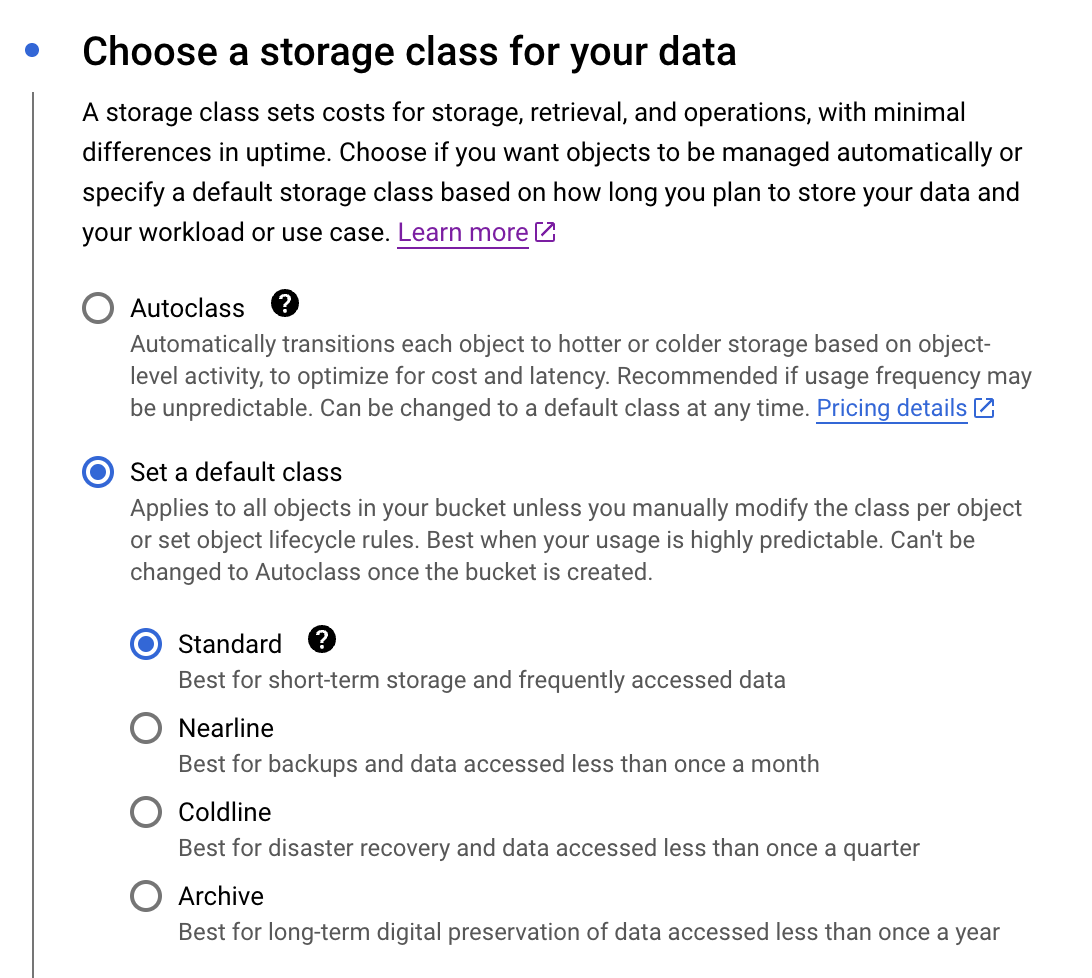 GCP Choose Storage Class